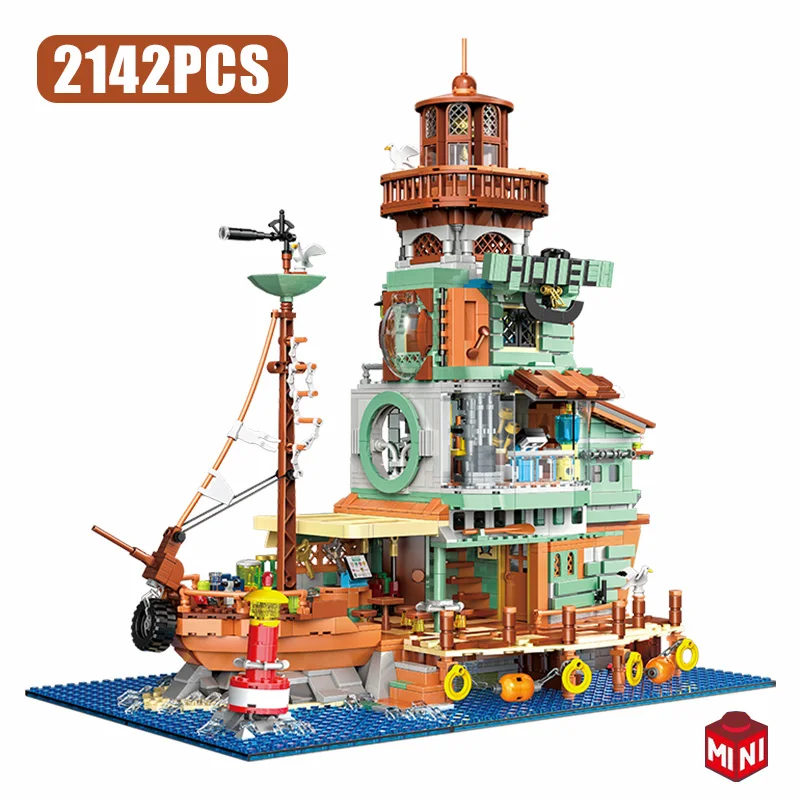 Creative Harbour Hotel Houseboat With Light Model Building Blocks Street View Old Fishing House Ship Lighthouse Mini Bricks Toys