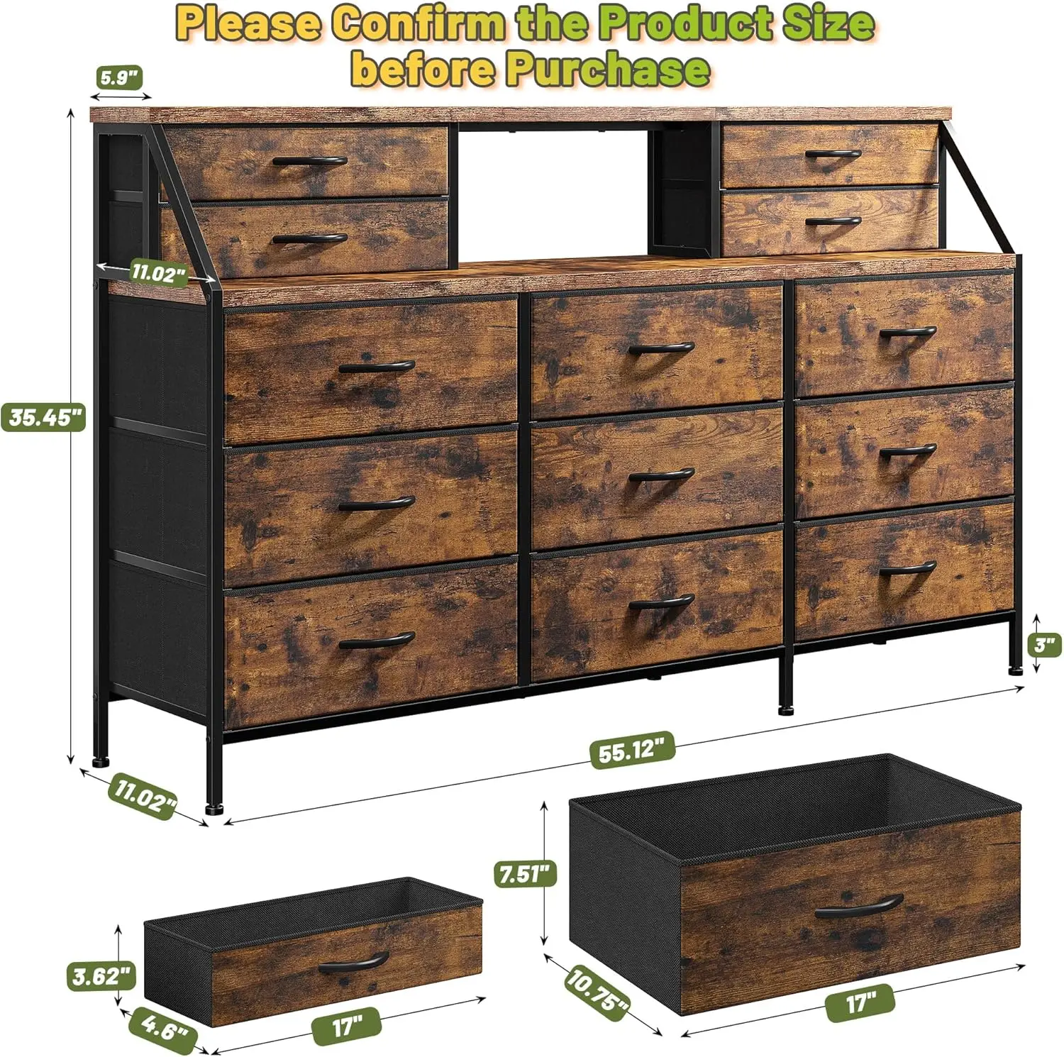 EnHomee 55”W Dresser for Bedroom, Dresser with 13 Large Drawer, Dressers & Chests of Drawers, Dressers with 2 Shelves, Bedroom D