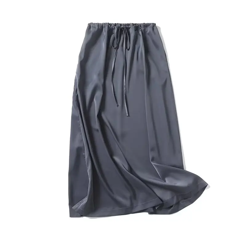 Dave&Di Minimalism Ladies Viscose Drawstring Skirt Women Dark Grey Color Fashion Elegant Satin Midi Skirt Women