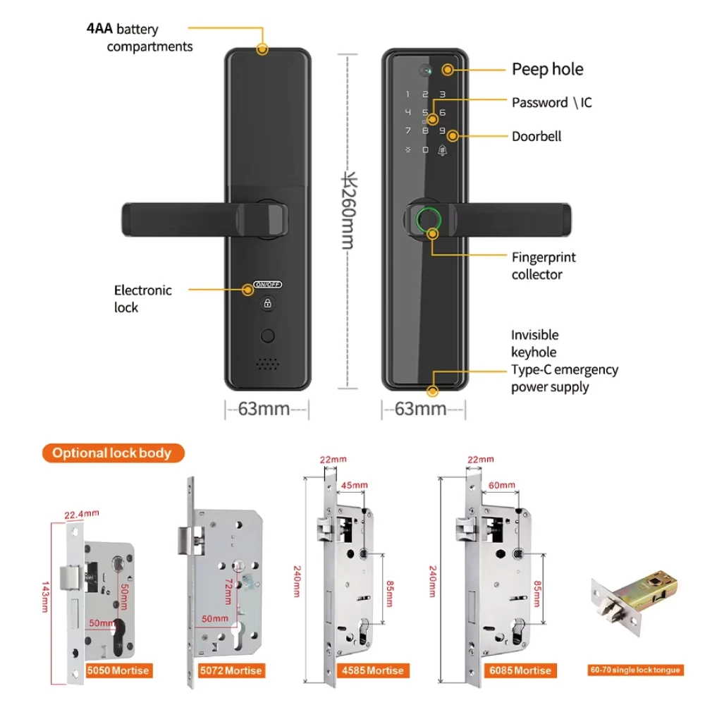 TYSH Tuya Smart App Huella dactilar Contraseña Cerradura inteligente Puerta de madera Seguridad digital Electrónica Wifi Cerraduras Inteligentes Cerradura de puerta