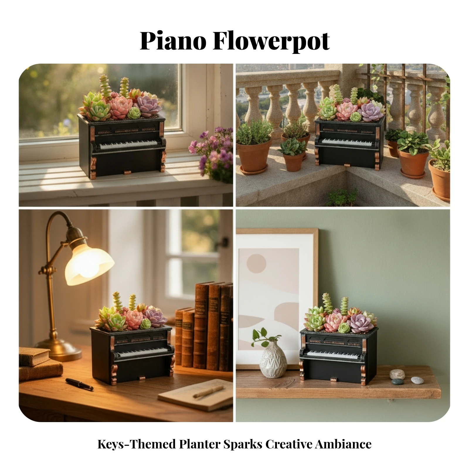 Black Retro Design Upright Piano Planter Plant Container Home Decor Matte Tabletop Piano Planter
