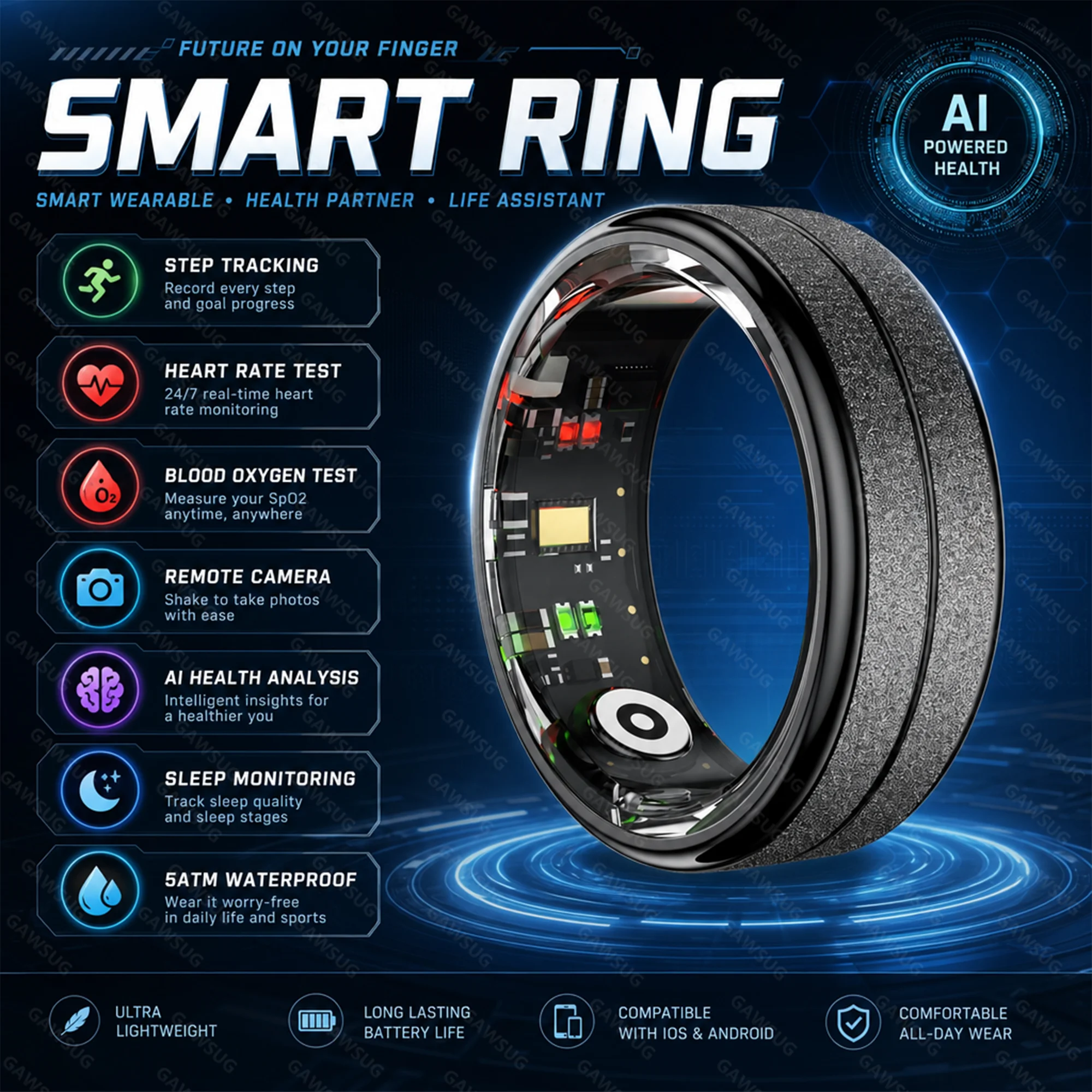Blood Pressure Monitor - AI Smart Ring Health Tracker Men