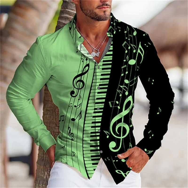 Camisa de manga larga con solapa para hombre, camisa informal, versátil, a la moda, de calle, de un solo pecho, con nota musical y piano