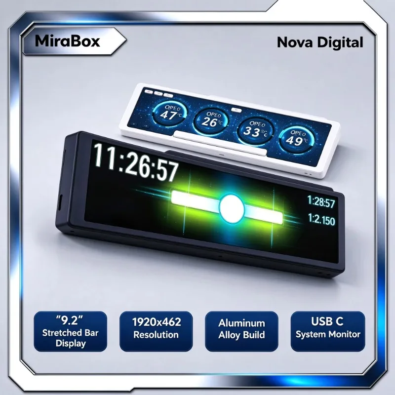 MiraBox D92 PC Case Screen 9.2 Inch Stretched Bar System Monitor Desktop Ambiance Aluminum Alloy Housing With Dynamic Themes