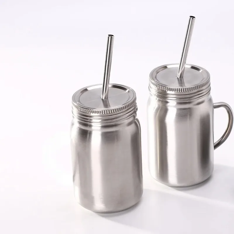 

700ml Wide Mouth Mason Jar Cup Stainless Steel Drinking Straw Cup Tea Coffee Mug Water Bottle Storage Jars Tumblers with Lids