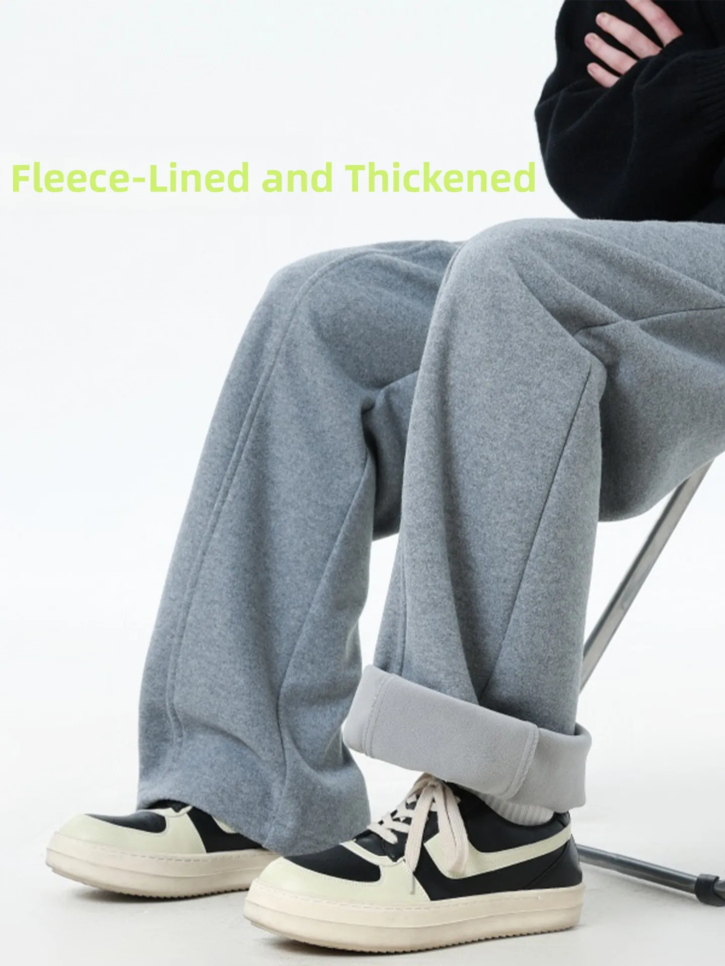 

Men's Winter Thiened Woolen Casual Pants with Fce Inner Loose Straight Leg Knife Pants Folded Hemline Casual Wear