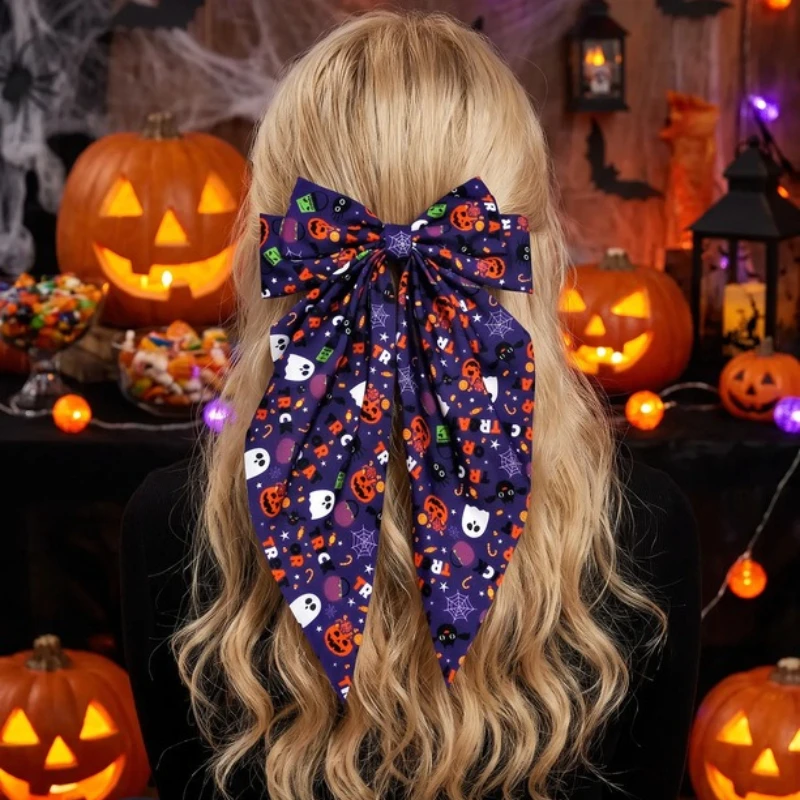 Cute Halloween Hair Accessories Novelty Pumpkin Ghost Pattern Bowknot Hairpin Large Ribbon Hair Band Gothic Cosplay Props Adults
