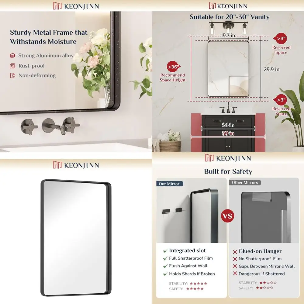 Rounded 20x30 Inch Matte Black Sandblasted Bathroom Mirror with Seamless Frame for Vanity Over Sink