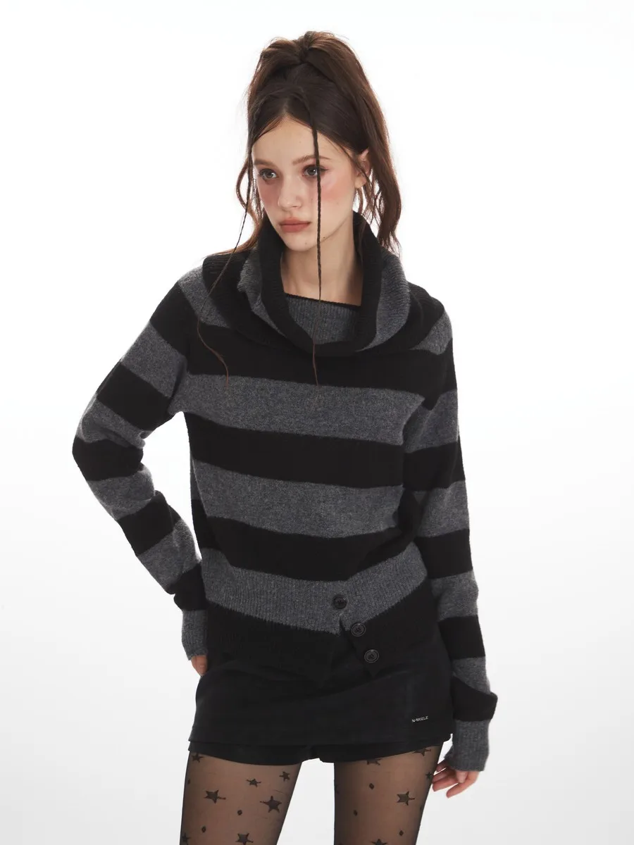 

Double-design Striped Off-shoulder Decollete Sweaters Trending Buttons Knitted Women Girls' Winter Clothes Sexy Pullovers Tops