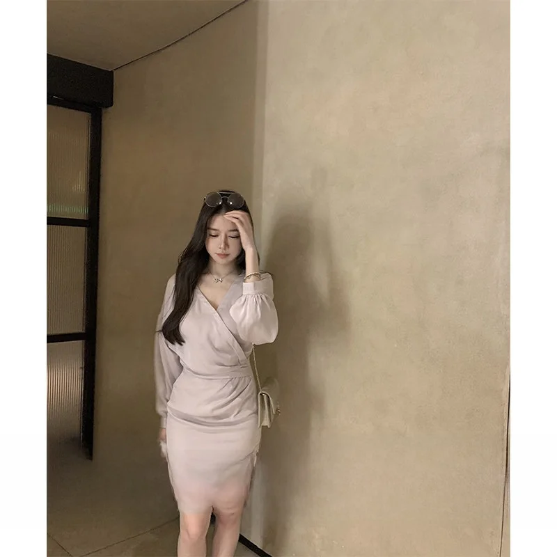 

Sensual Pure Desire Bodycon Dr High Waist Slimming Versatile Hot Girl Long Sve V-Ne Zipper Closure Daily Wear Summer