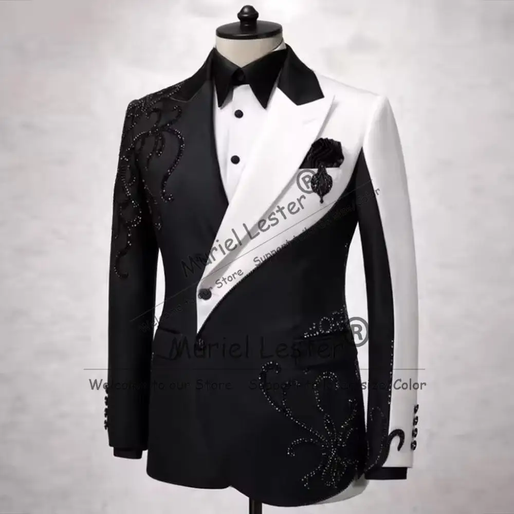 Men Fashion Patchwork Contrast Color Tuxedos Suit For Wedding Black Beaded Single Breasted Groom Dinner Party Blazer Male Outfit