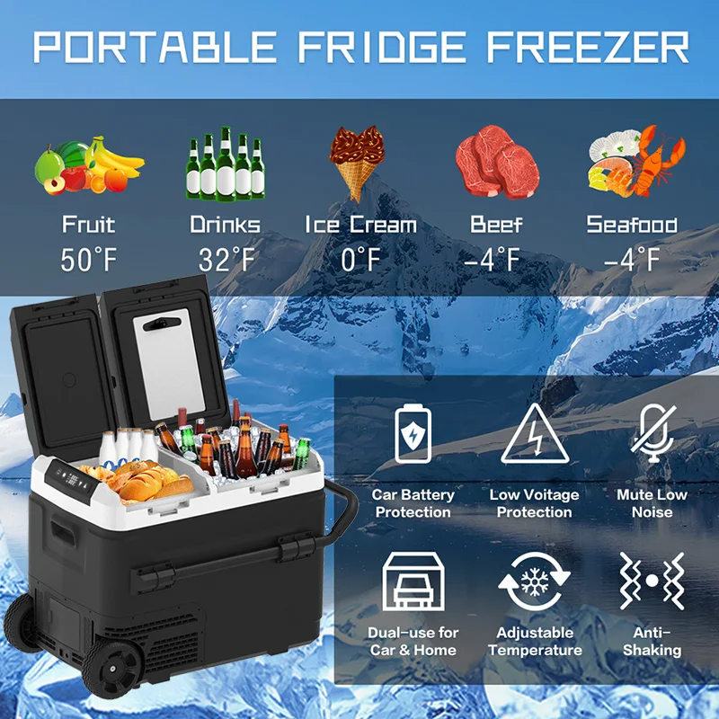 50L Mini Profundo 12 Volts Solar Powered RV Camping Refrigerador Carro Frids com Rodas Freezer para Mini Acampamento Profundo