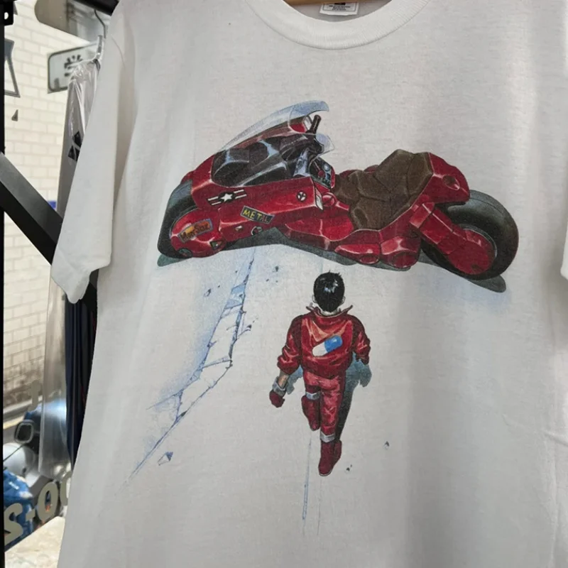 Retro Street American Motorcycle Rider Print AKIRA T-shirts Anime Cartoon Loose Short Sleeve Tops Casual Men Women Cotton Tshirt