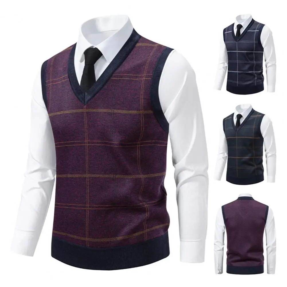 

Breathable Men Vest Stylish Men's Plaid Print Knit Vest with Velvet Lining for Autumn Winter V-neck Sleeveless for Men for A