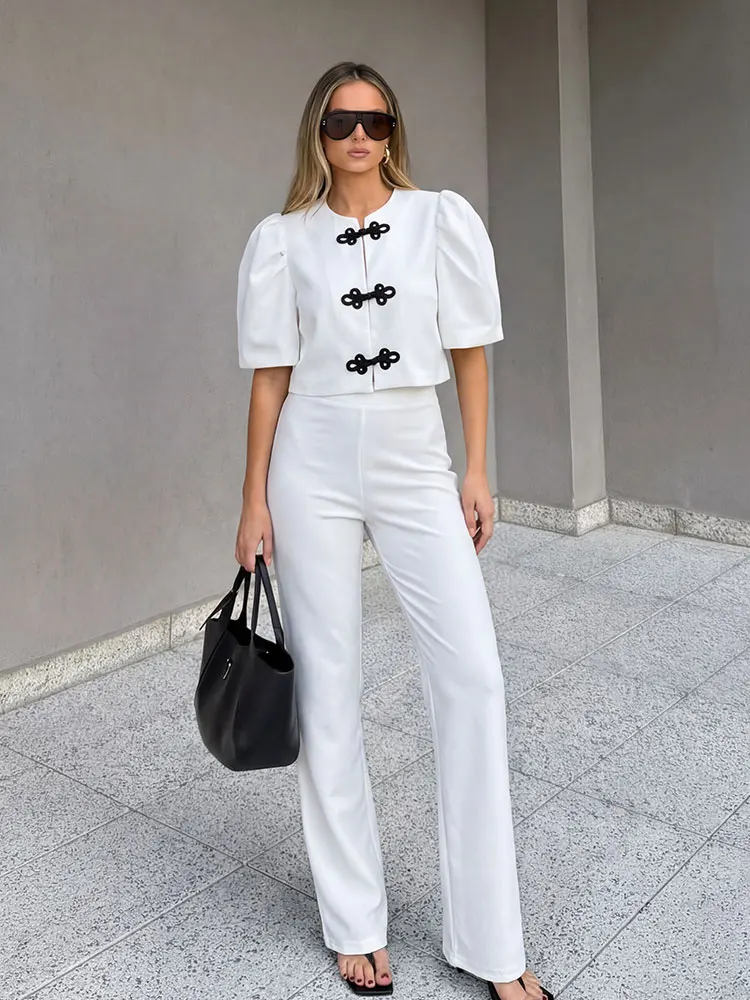 Completo da donna HH 2 pezzi: Top corto a maniche a sbuffo e pantaloni a zampa a vita alta, stile orientale, per l'ufficio o casual, colore bianco
