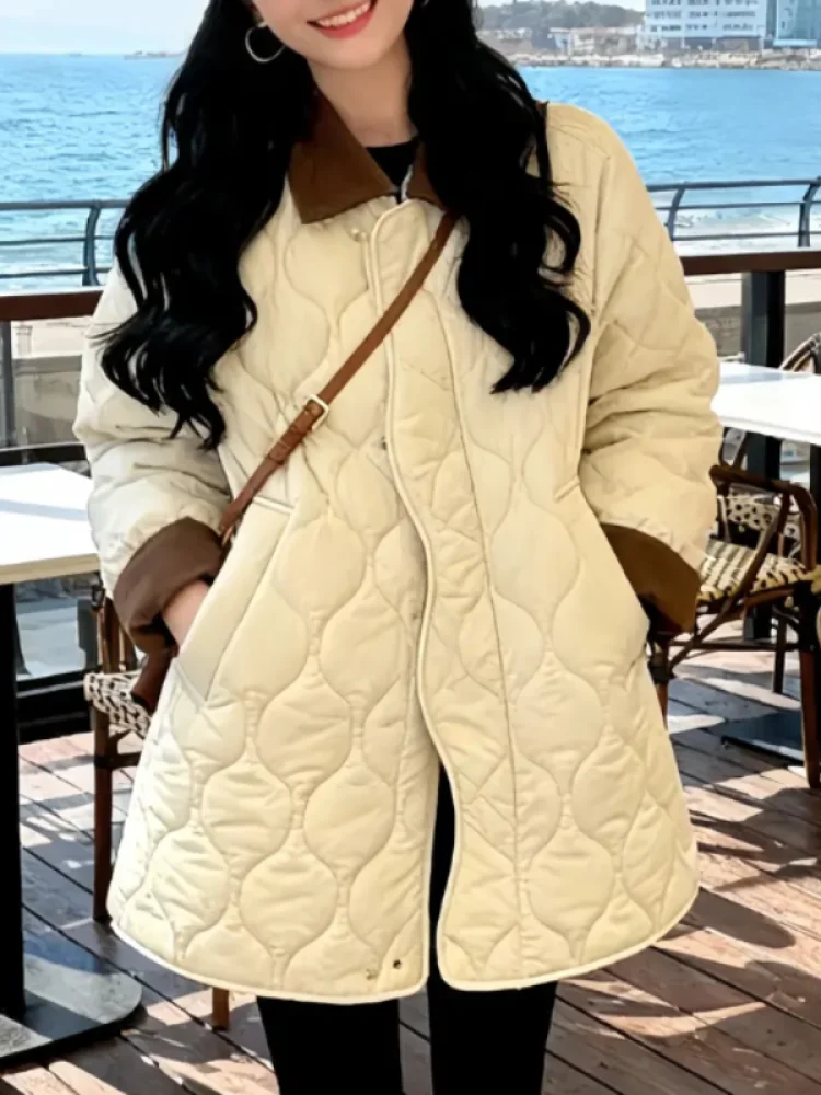 

Романтическая женская куртка-пальто средней длины свободного кроя из хлопка, модная, скрывающая фигуру, в корейском стиле, с воротником и молнией...