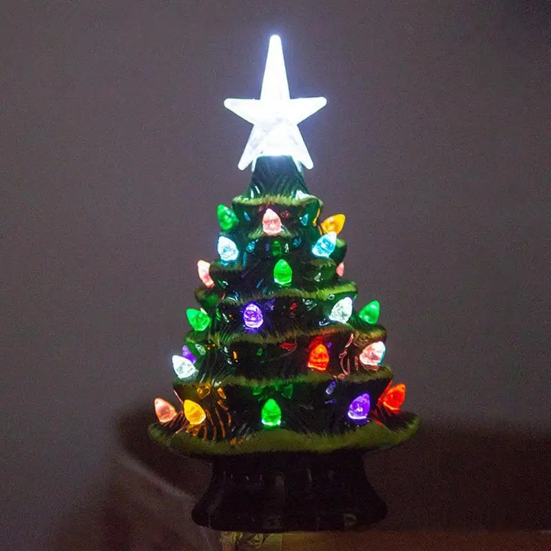 Artificial Ceramic Christmas Tree Light Desktop Xmas Tree Decor Lighting for Living Room with Multicolored Lights and Top Star