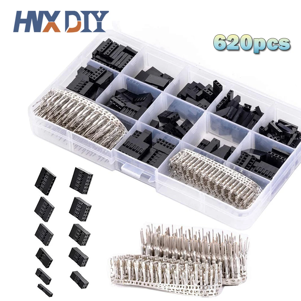 620Pcs Dupont Connector 2.54mm, Dupont Cable Jumper Wire Pin Header Housing Kit, Male Crimp Pins+Female Pin Terminal Connector