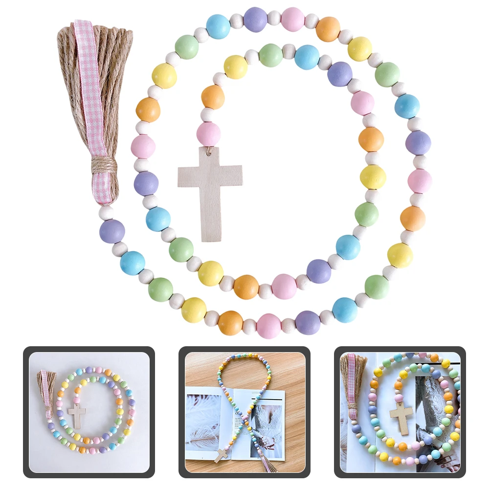 

Easter Wood Bead String Linen Rope Tassel Hanging Cross Pendant Bead Garland Home Decoration Beaded Garland with Tassels
