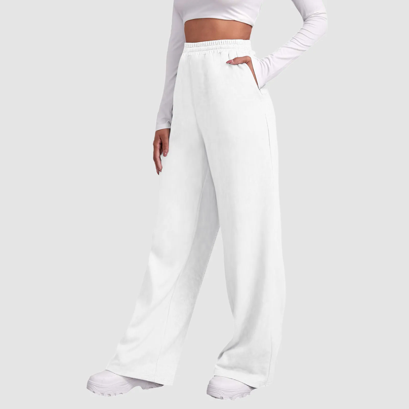 Calça de lã de perna larga feminina, calça de fundo reto, corredores de fitness simples com tudo, calça básica de viagem, 2024