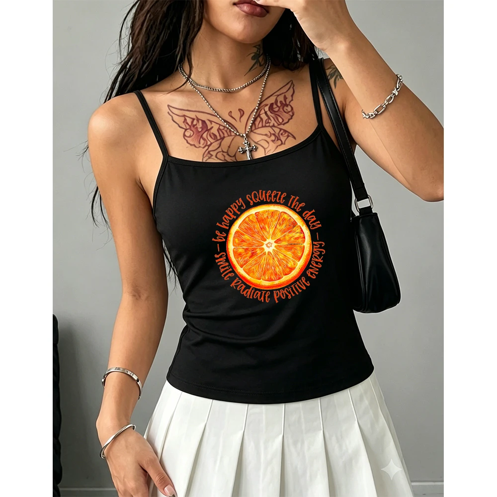 Squeeze The Day Orange Slice Camisole Women Summer Positive Quote Graphic Tank Top Citrus Sleeveless Vest for Beach Holiday