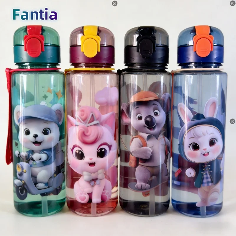 

700 мл без BPA, устойчивая к высоким температурам портативная уличная бутылка для воды с мультяшными животными пластиковая соломенная чашка для воды с ручным управлением