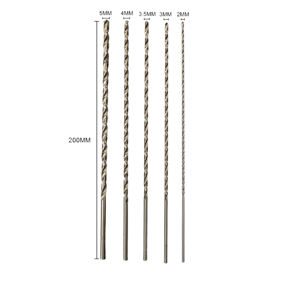 5pcs Extra Long HSS Drill Bits Set for Metal Drilling 200mm Length Double Fluted Design for Efficient Chip Removal