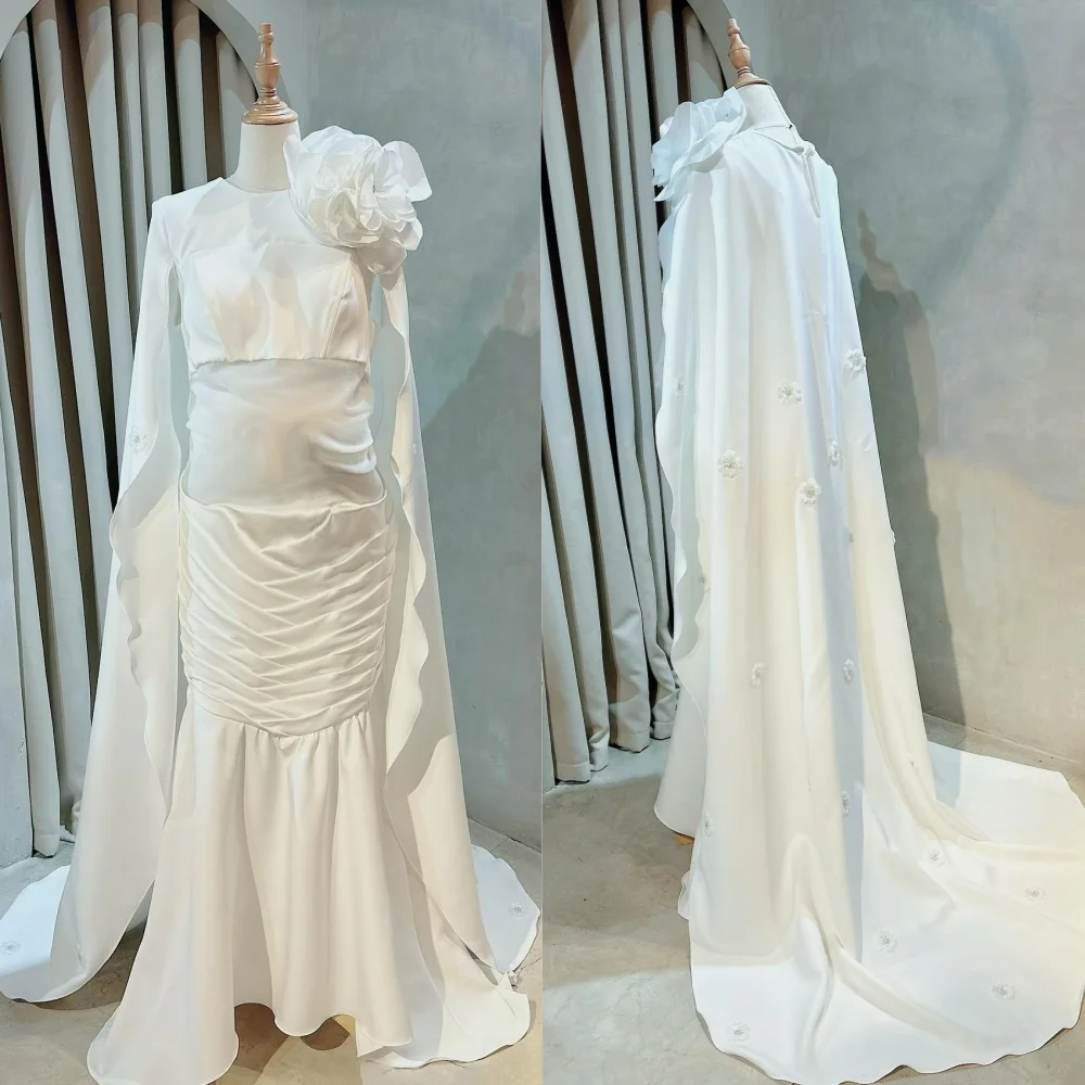 

Customized Modern Style Sizes Available Jersey Handmade Flower Applique Pleat Mermaid Scoop Neck Long Dresses Prom Dresses Match