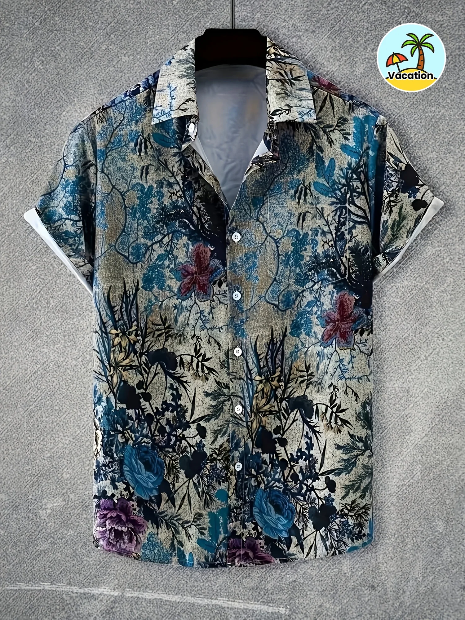Vintage Shirts Retro Blue Purple Floral Plant Ink Wash Printed Loose Casual Short Sleeve Lapel Tops Men Clothes
