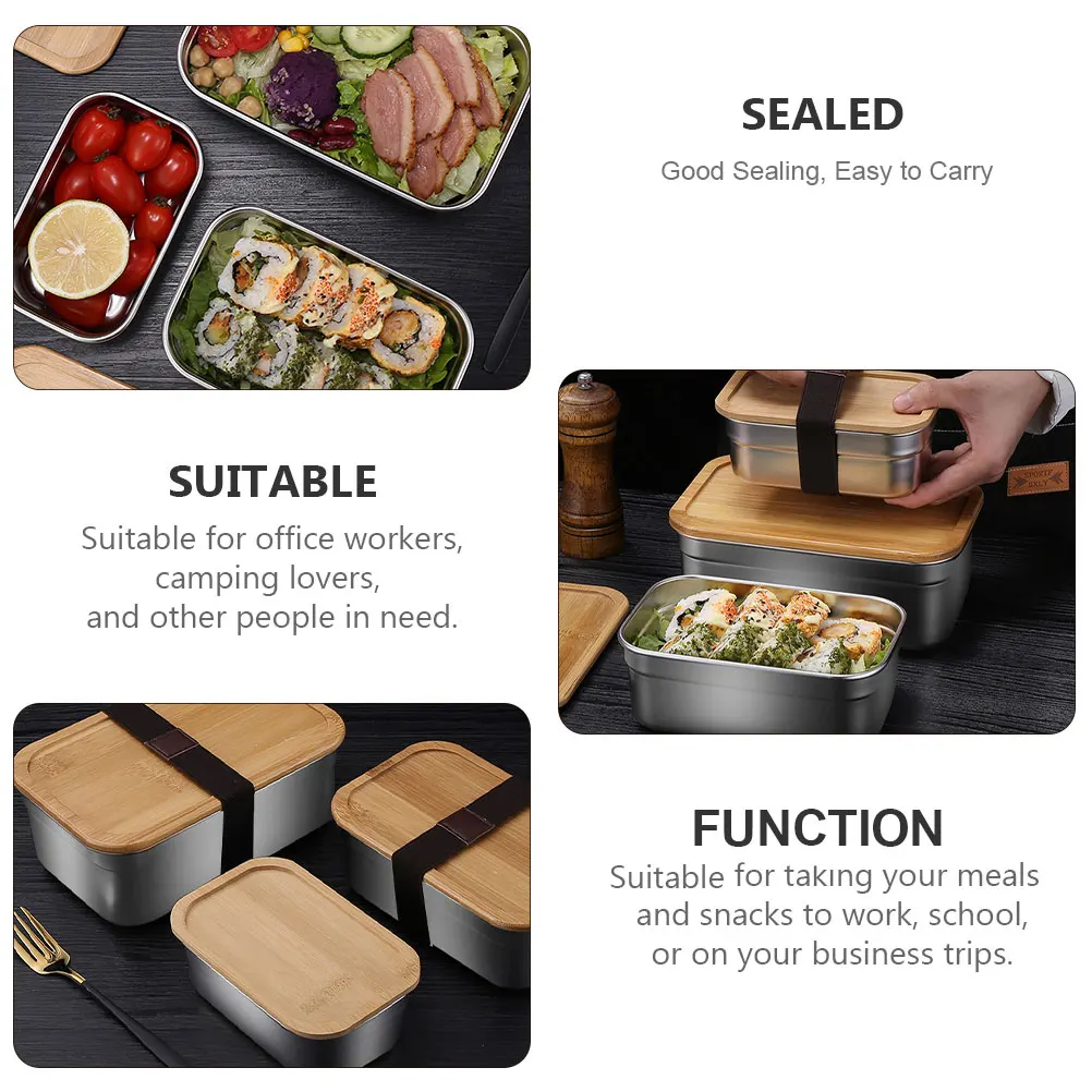 

Stainless Steel Bamboo Lid Lunch Box 1000 Ml Sealed Carrier Large Capacity Container Students Camping Office