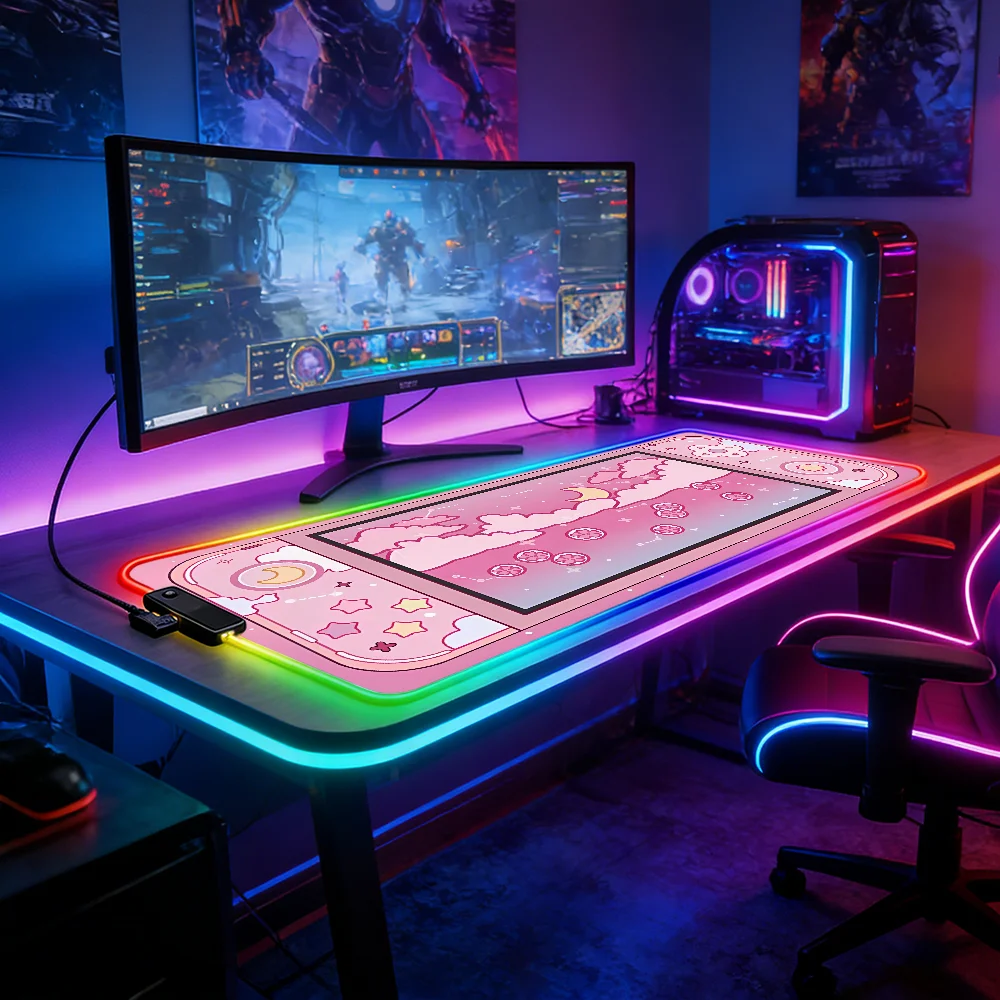 LED Lighting RGB Mouse Pad E-sports Game Keyboard Pad Table Mats Pink Moon Game Console Laptop Accessories Deskmat Mousepad Pc