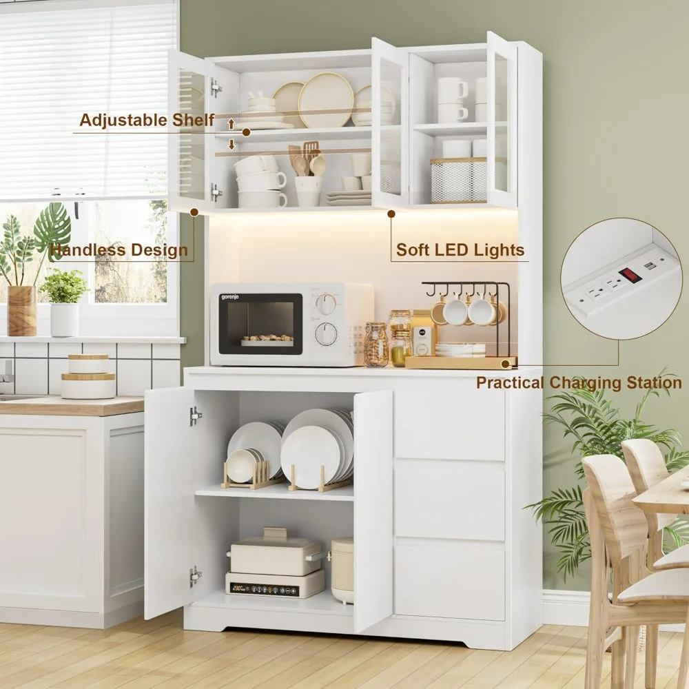 Kitchen Cabinet, LED Lights and Charging Station, Kitchen Hutch Cabinet with Storage and Microwave Stand, Cabinets Kitchen image 2