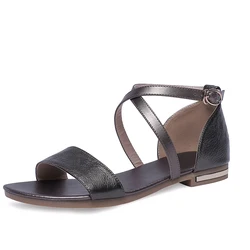 Split Leather Women Ankle Strap Flat Sandals Summer Ladies Buckle White Beige Black Champagne Open Toe Petite Foot Shoes