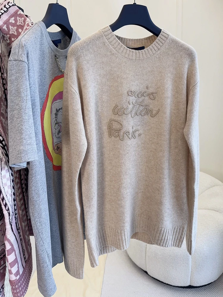 

Khaki Letter Embroidered Woolen Sweater Women's High-End European Sle Top Quali Cardigan Sle Long Sve round Ne