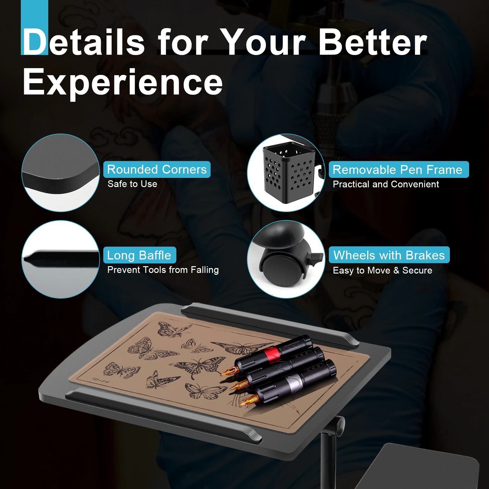 Adjustable Tray Rolling Work Station Drawing Equipment Supply Desk Table Tattoo Workbench 360-Degree Rotation