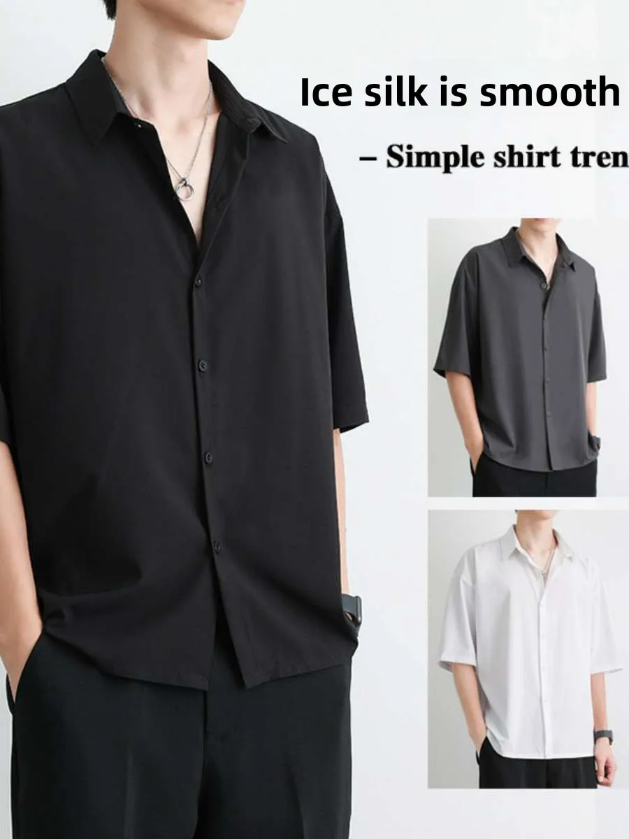 

Men's Summer Loose Fit Ice Silk Shirt Short Sleeve Hong Kong Style Drapey Feel Casual Travel Wear Long Collar Spring New Arrival