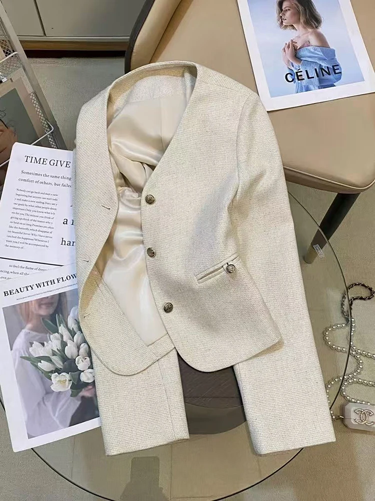 Korean Chic V Neck Blazer for Women Autumn Loose Single Breasted Casual Suit Jacket Y2K Elegant Office Lady All-Match Outerwear