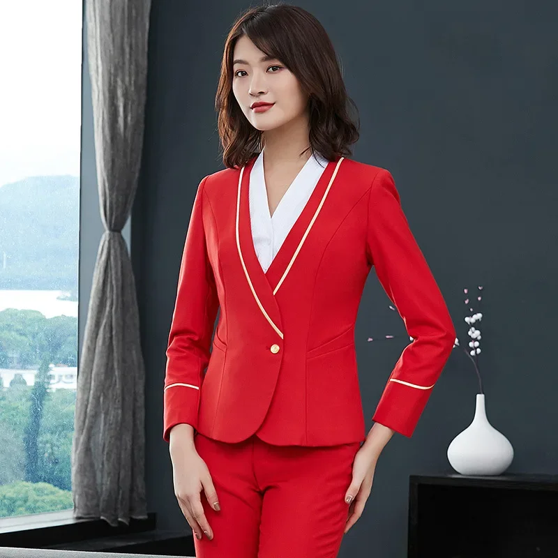 Airlines Flight Stewardess Aviation Uniform Professional Red Skirt Coat Vest Shirt Full Sleeve Flight Attendant Uniform