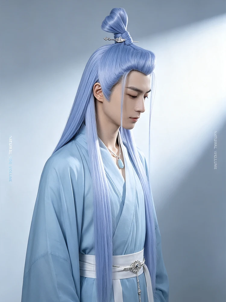 Synthetic 34 Inch Men Light Blue Long Straight Hair Bun Cosplay Wig Halloween Role Play Heat Resistant Fiber Hair Accessories