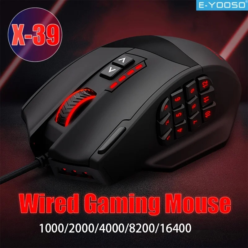 ماوس ألعاب سلكي E-YOOSO RGB شكل مريح 16400 ديسيبل متوحد الخواص قابل للتعديل يدعم تحرير ماكرو للكمبيوتر المكتبي/الكمبيوتر المحمول والمكتب