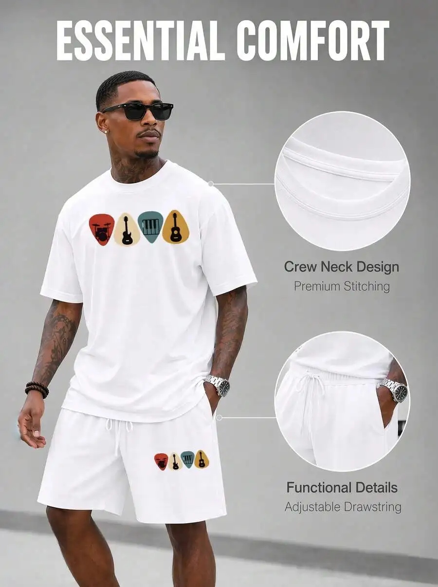 Men S 2 Piece Oversized T-Shirt Shorts Set Musical Instrument Pi Graphic Streetwear Casual Outfit view 4