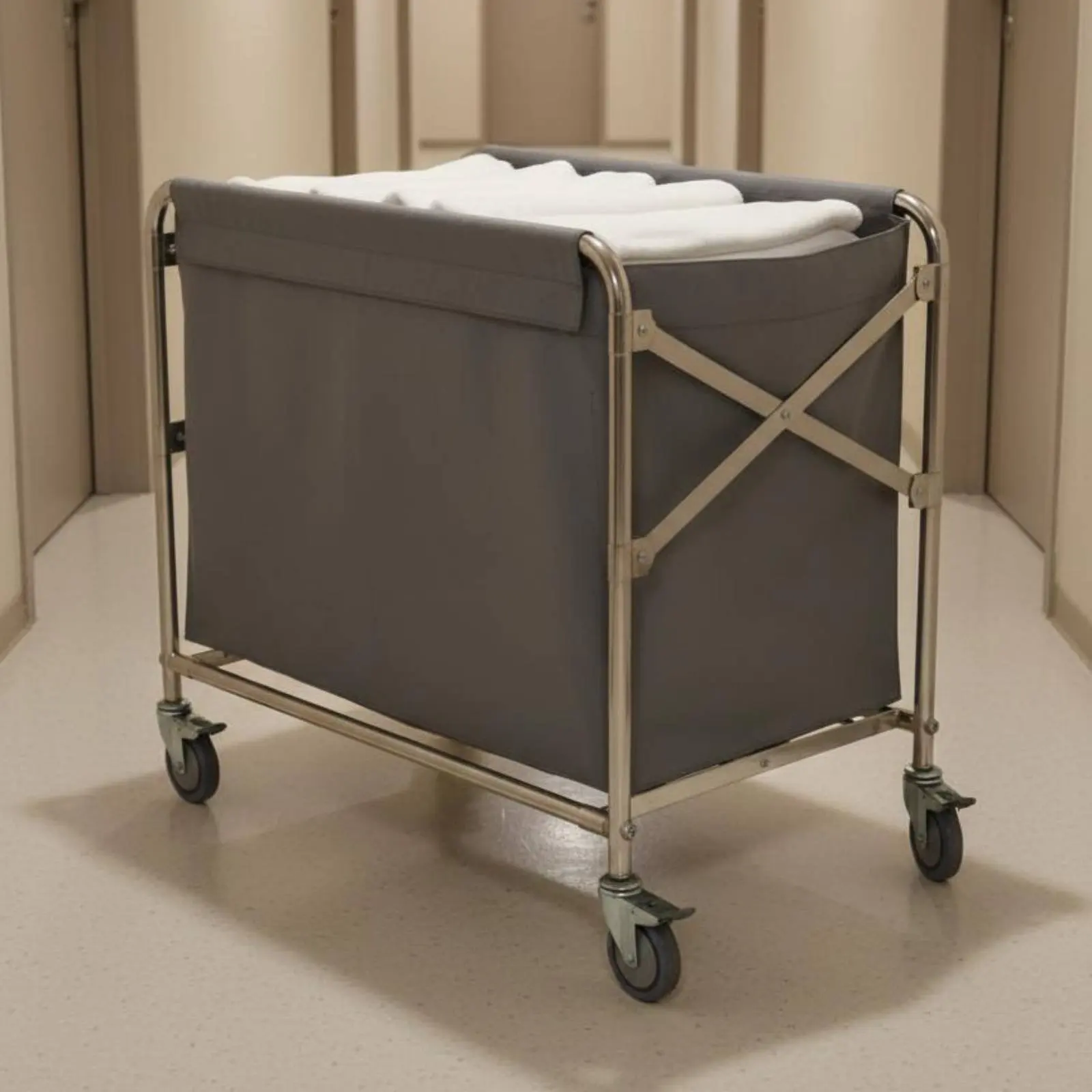 Stainless Steel Linen Trolley Removable Bag Foldable Laundry Cart with Wheels Janitorial Equipment for Janitors, Hotel, Hospital