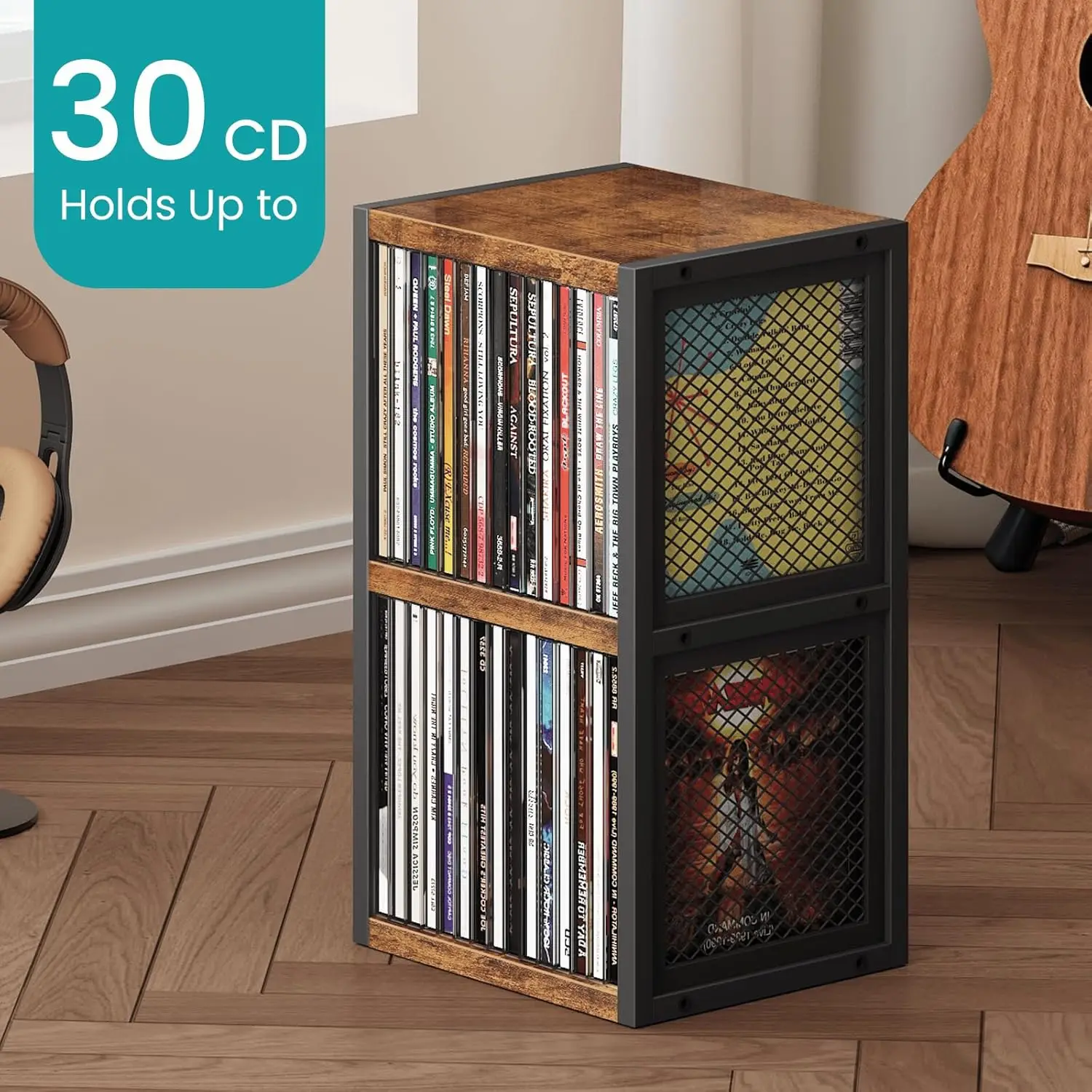 

CD Holder Desk Rack Organizer Wooden CD Storage Stand Holds up to 30 Cd Cases 2 Tier Tower with Mesh Sides RetroCD Display Shelf