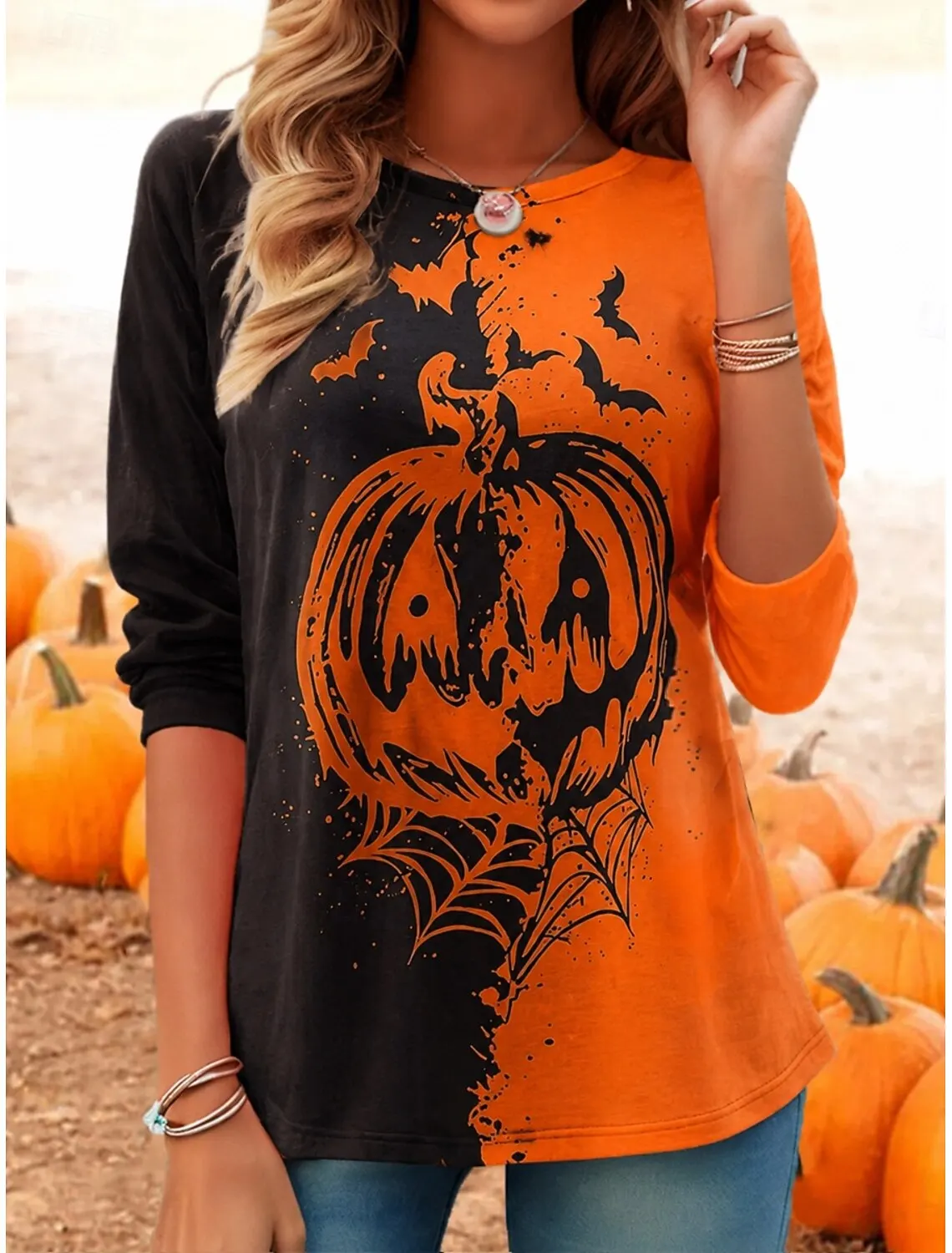 2026 New Women T-shirt Halloween Pumpkin Boo Print Long Sleeve Round Neck Streetwear Casual Top Fashion Women's Clothing
