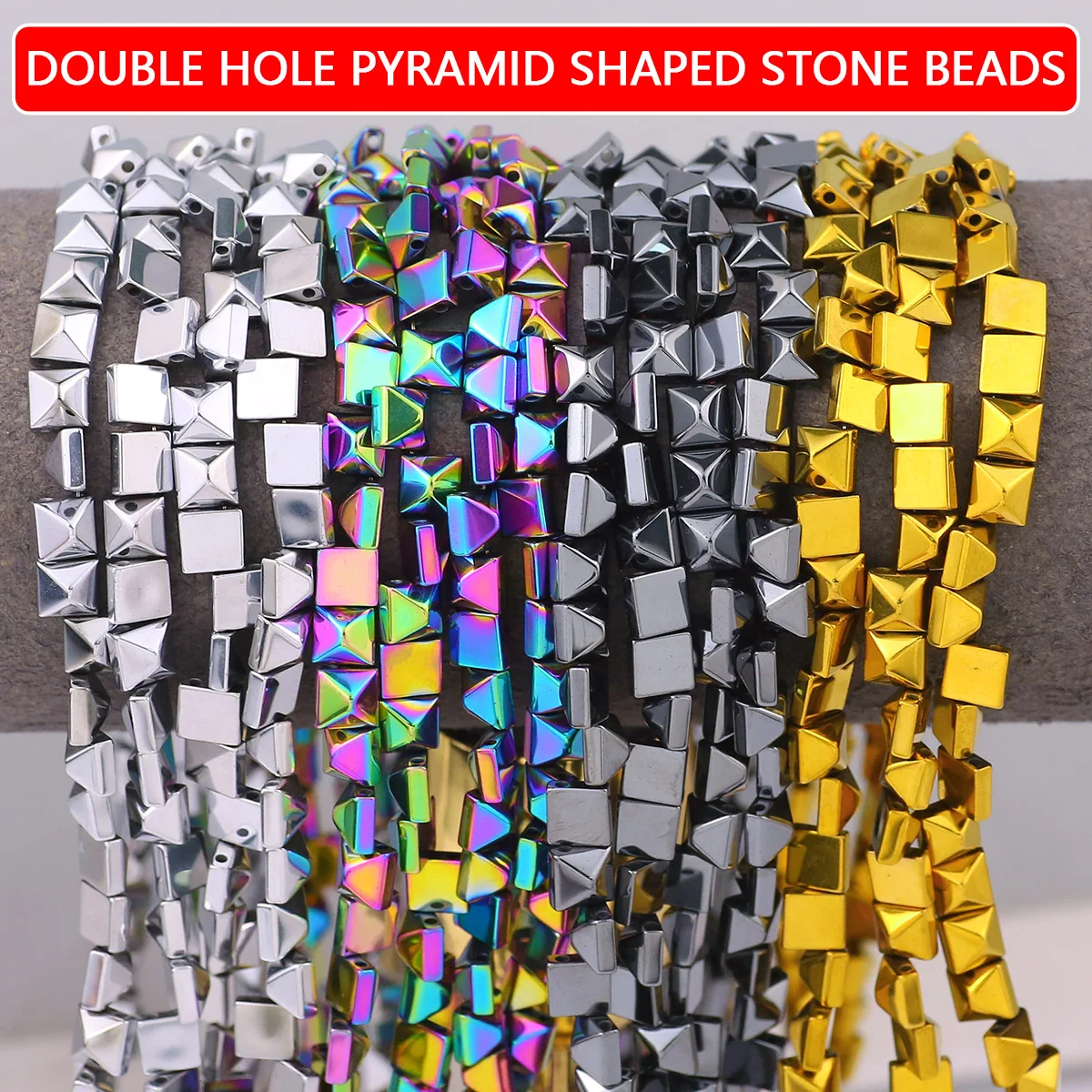 6x6mm 70Pcs Multicolor Pyramid Shape Hematite Spacer Loose Beads for Jewelry Making Bracelet Necklace Keychain DIY Accessories