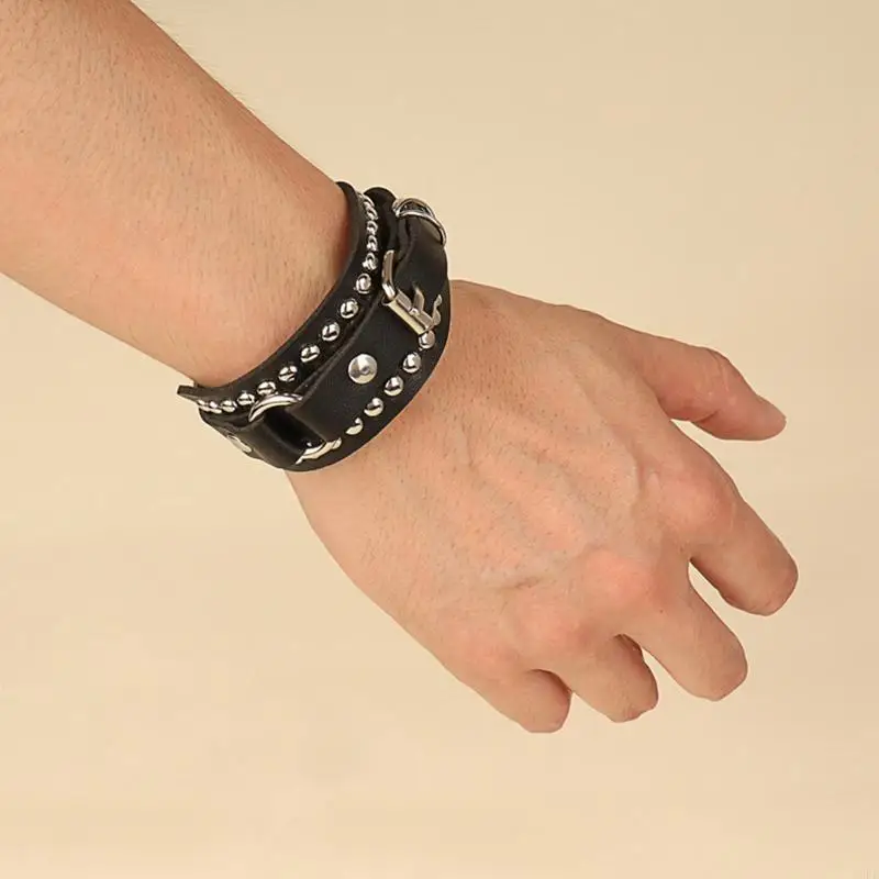 Pulseira couro a3pb punk rebites manguito metal preto cravado pulseira ajustável