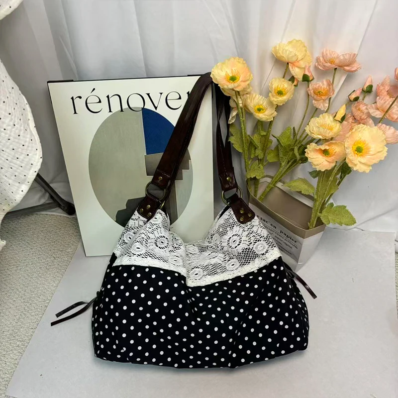 Korean Polka Dot Canvas Bag for Women Large Capacity Foldable Commuter Tote Suitable for College Students School Travel Shoulder