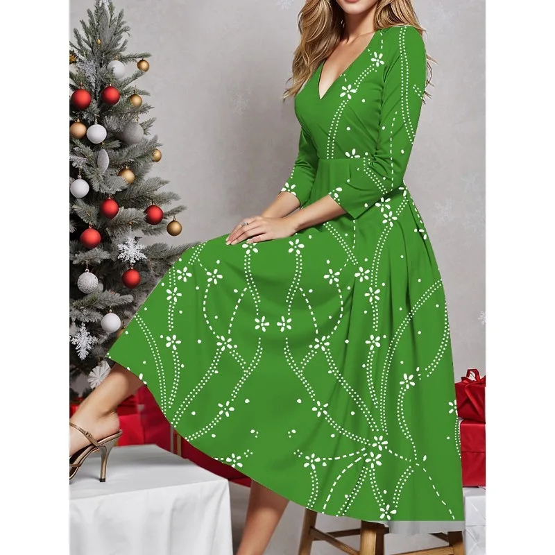 Women's Casual Snowflake Printed Christmas Winter Dress Temperament Commuting Woman Fashion High Waist Elegant Dresses