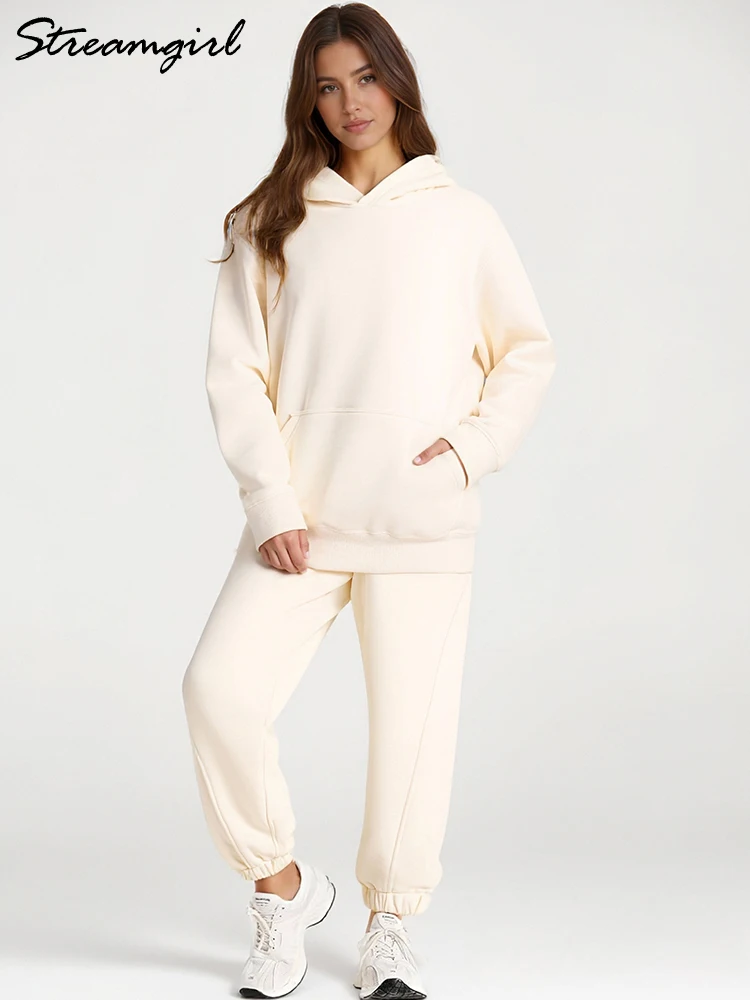 

White Thick 2 pieces Pant Sets For Women Warm Tracksuits Set Women Winter Fleece Hoodies And Sweatpants Set For Ladies Suits