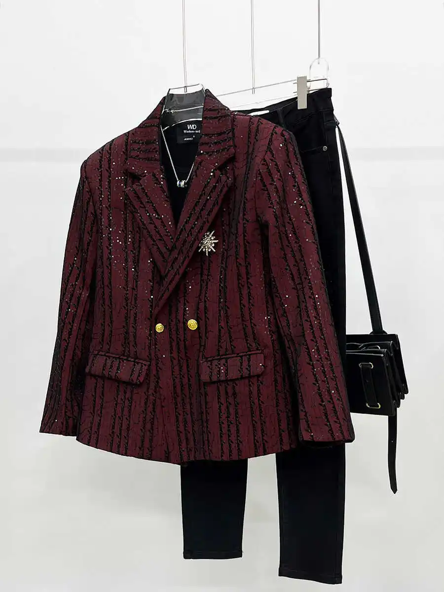 

Fall New Heavyweight Shiny Shoulder Pad Double Button Men's Casual Suit Jacket Loose Trendy Long Sleeve Fashionable Outerwear